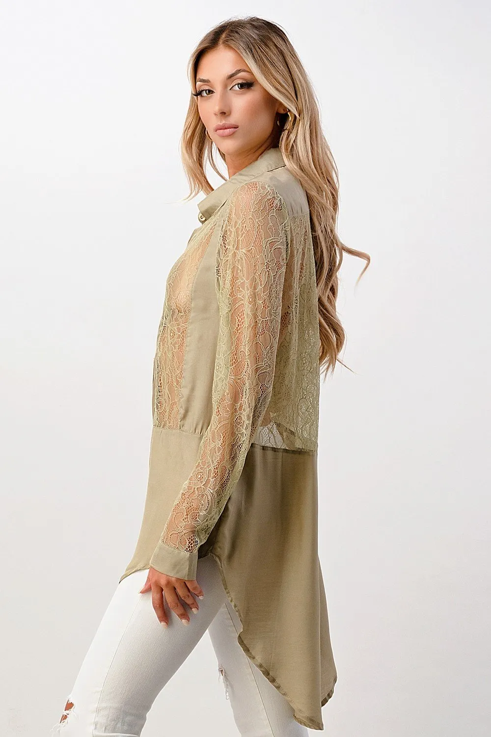 100% Silk Lace Panel Tunic Shirt Top