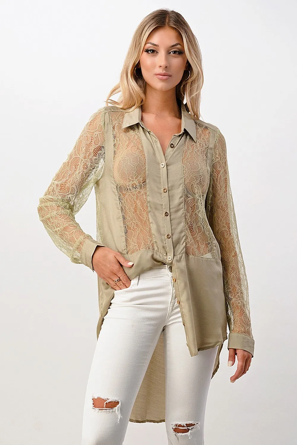 100% Silk Lace Panel Tunic Shirt Top