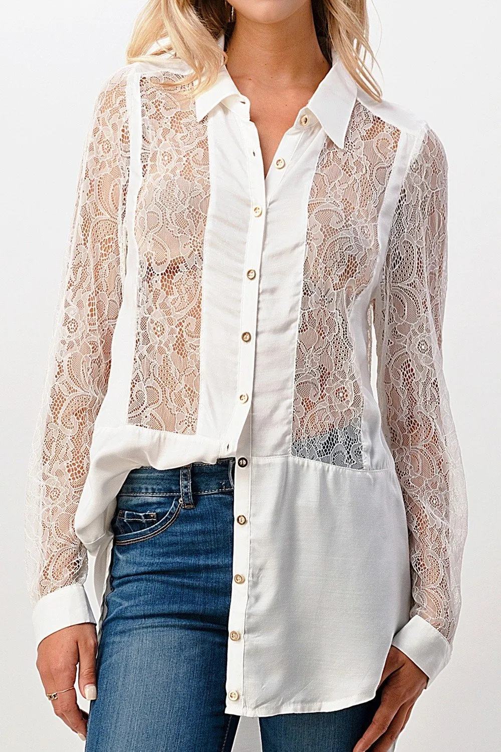 100% Silk Lace Panel Tunic Shirt Top