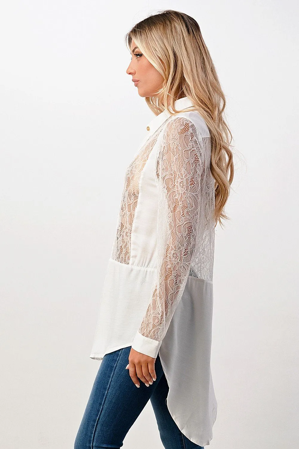 100% Silk Lace Panel Tunic Shirt Top