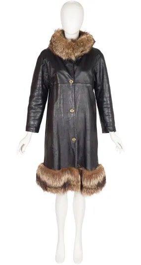 1970s Turnlock Black Leather Fur Trim A-Line Coat