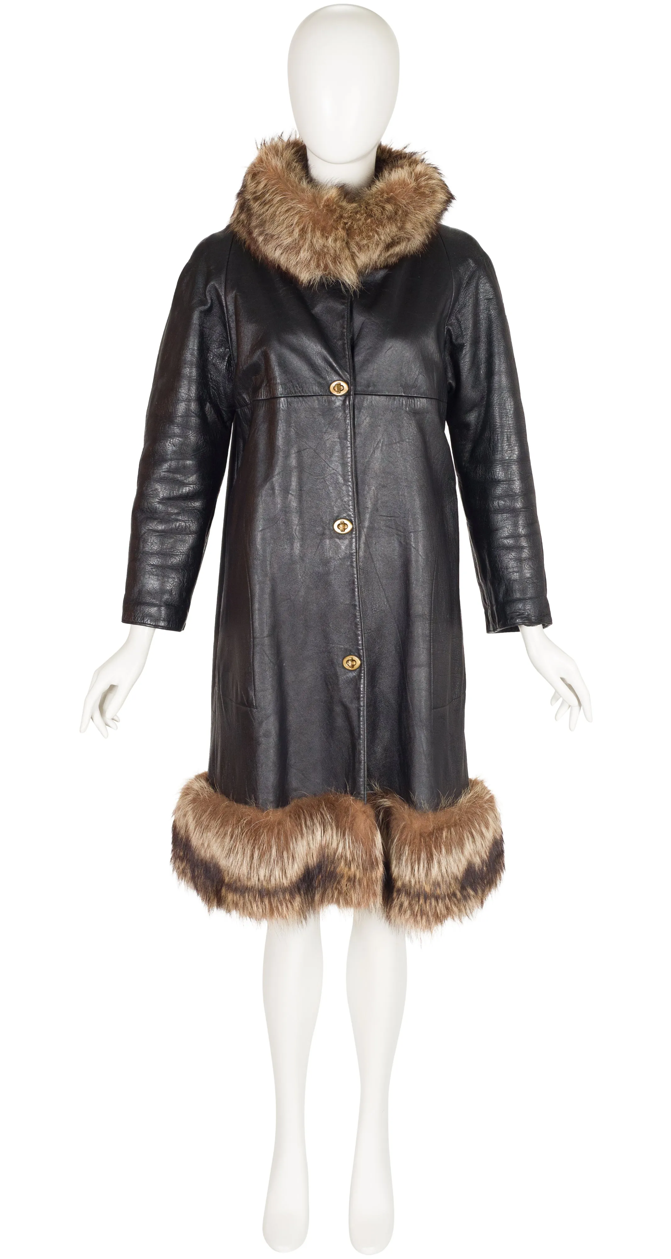1970s Turnlock Black Leather Fur Trim A-Line Coat