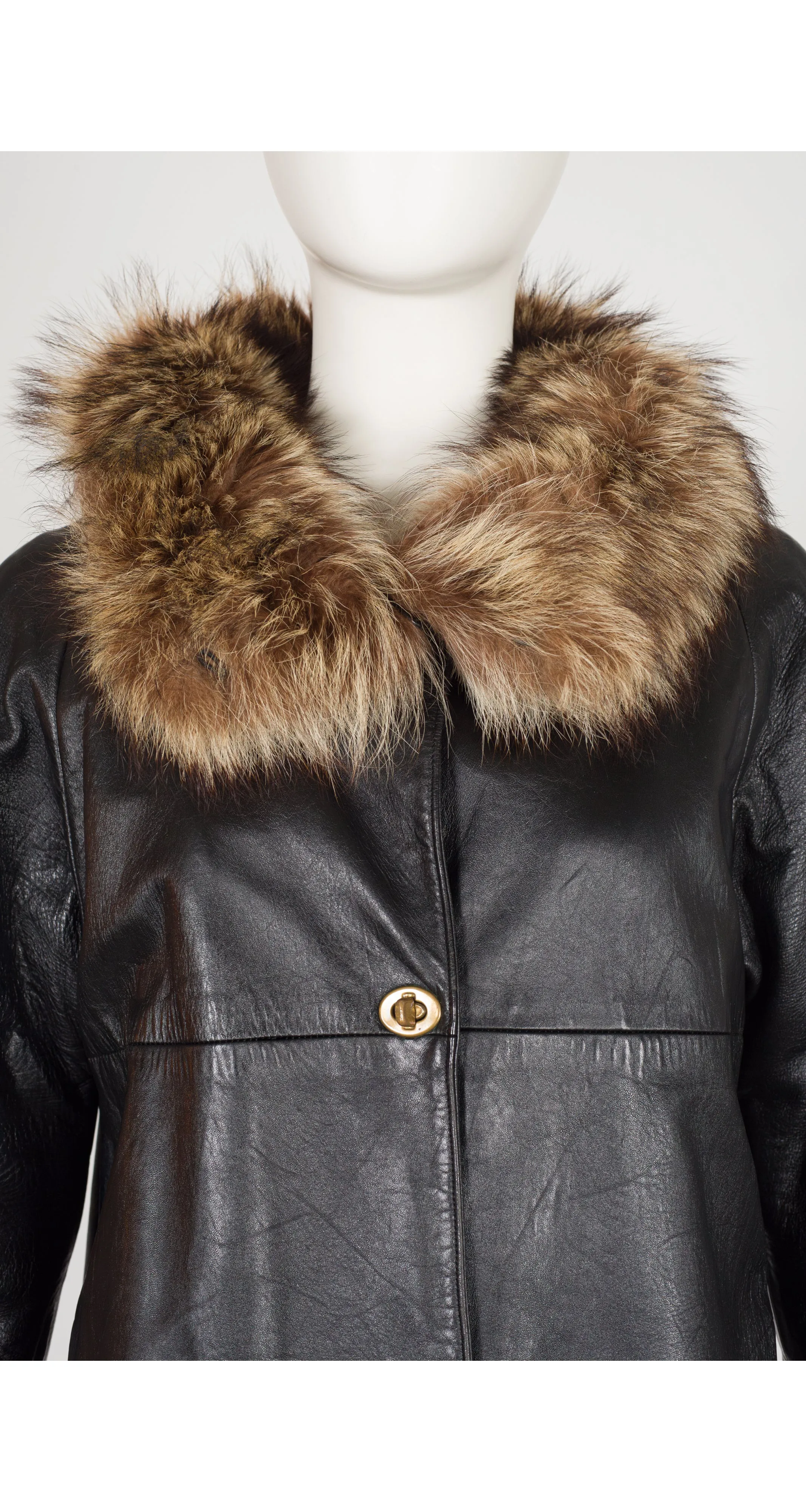 1970s Turnlock Black Leather Fur Trim A-Line Coat
