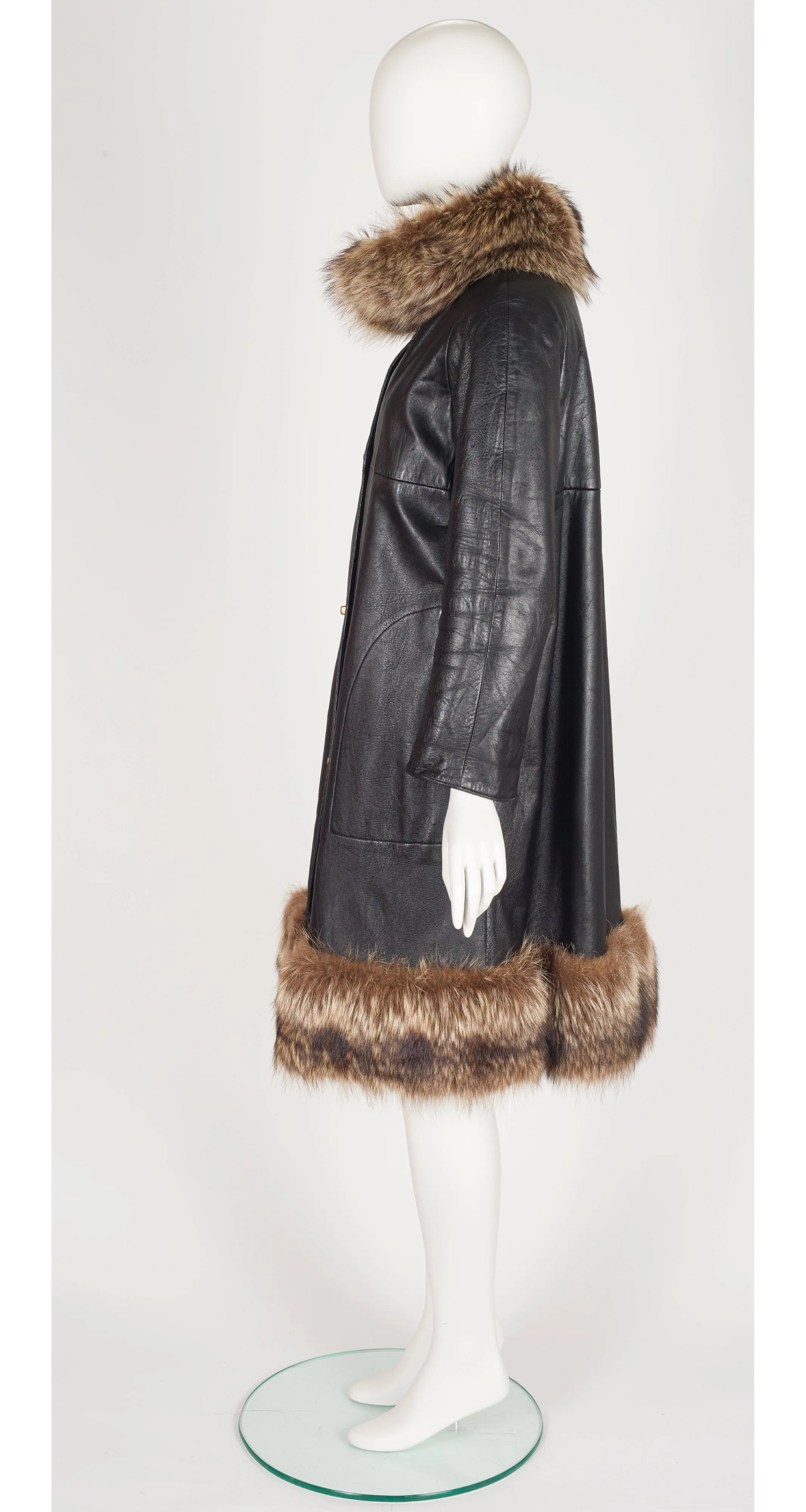 1970s Turnlock Black Leather Fur Trim A-Line Coat