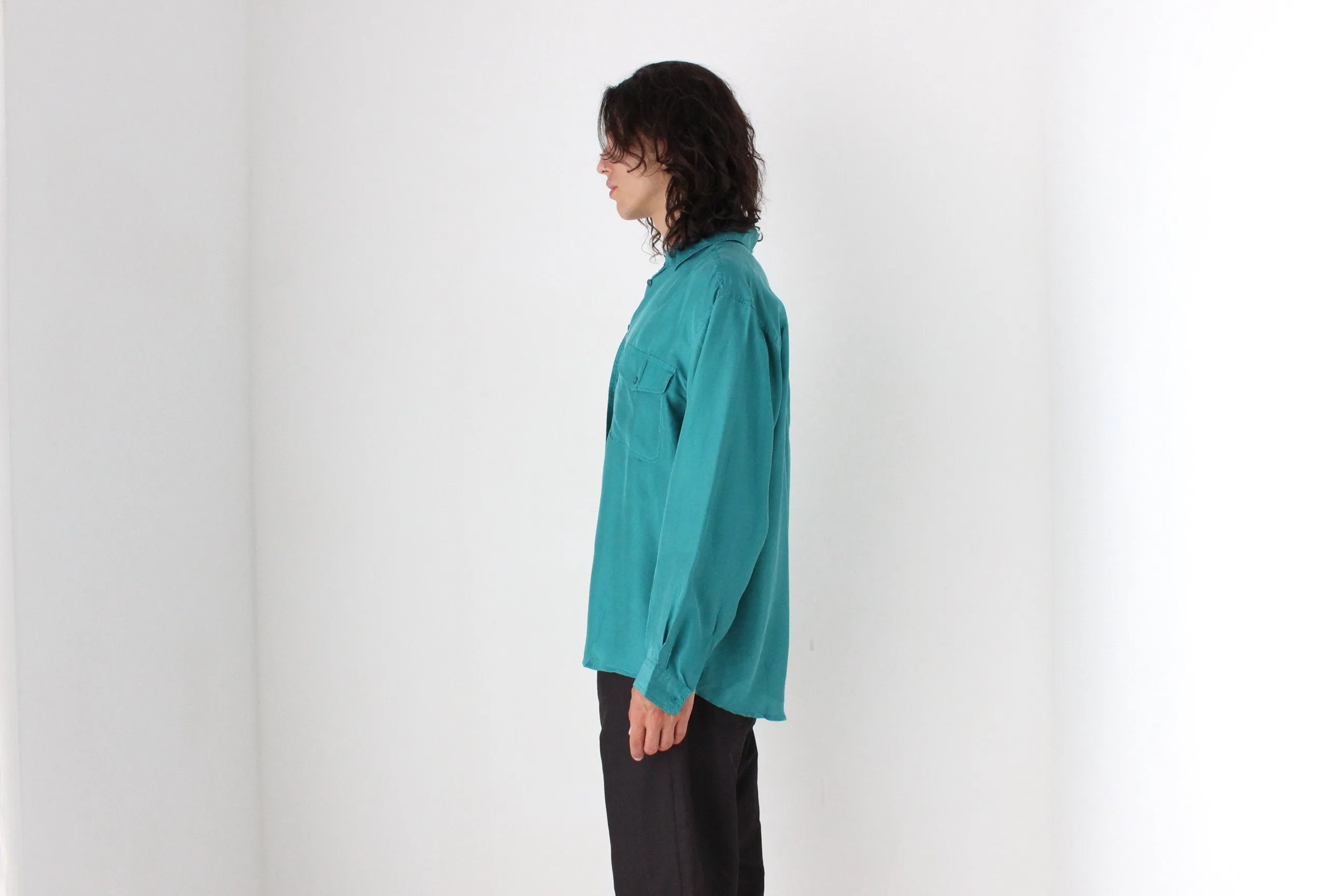 80s PURE SILK Double Pocket Long Sleeve Shirt in Turquoise