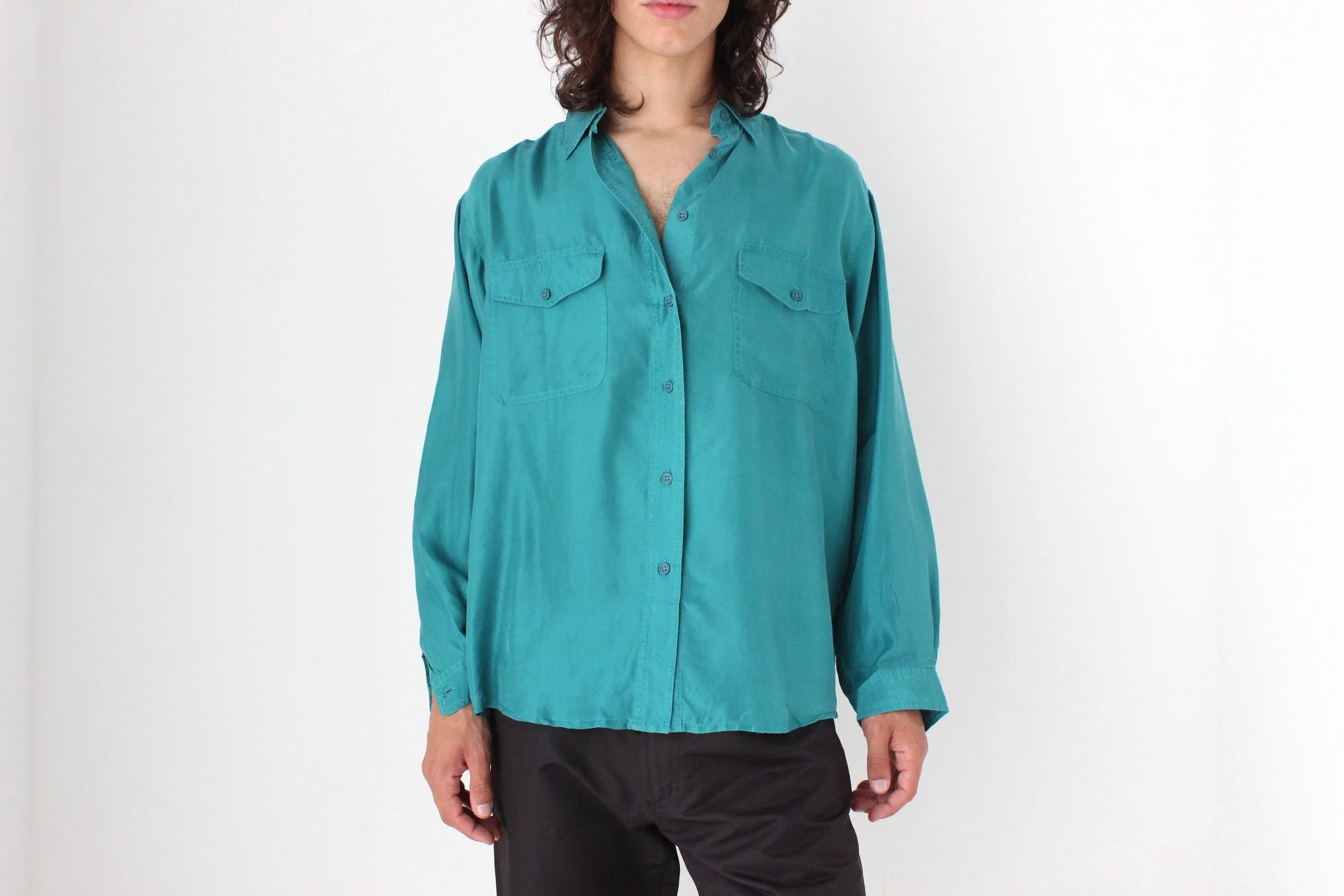 80s PURE SILK Double Pocket Long Sleeve Shirt in Turquoise