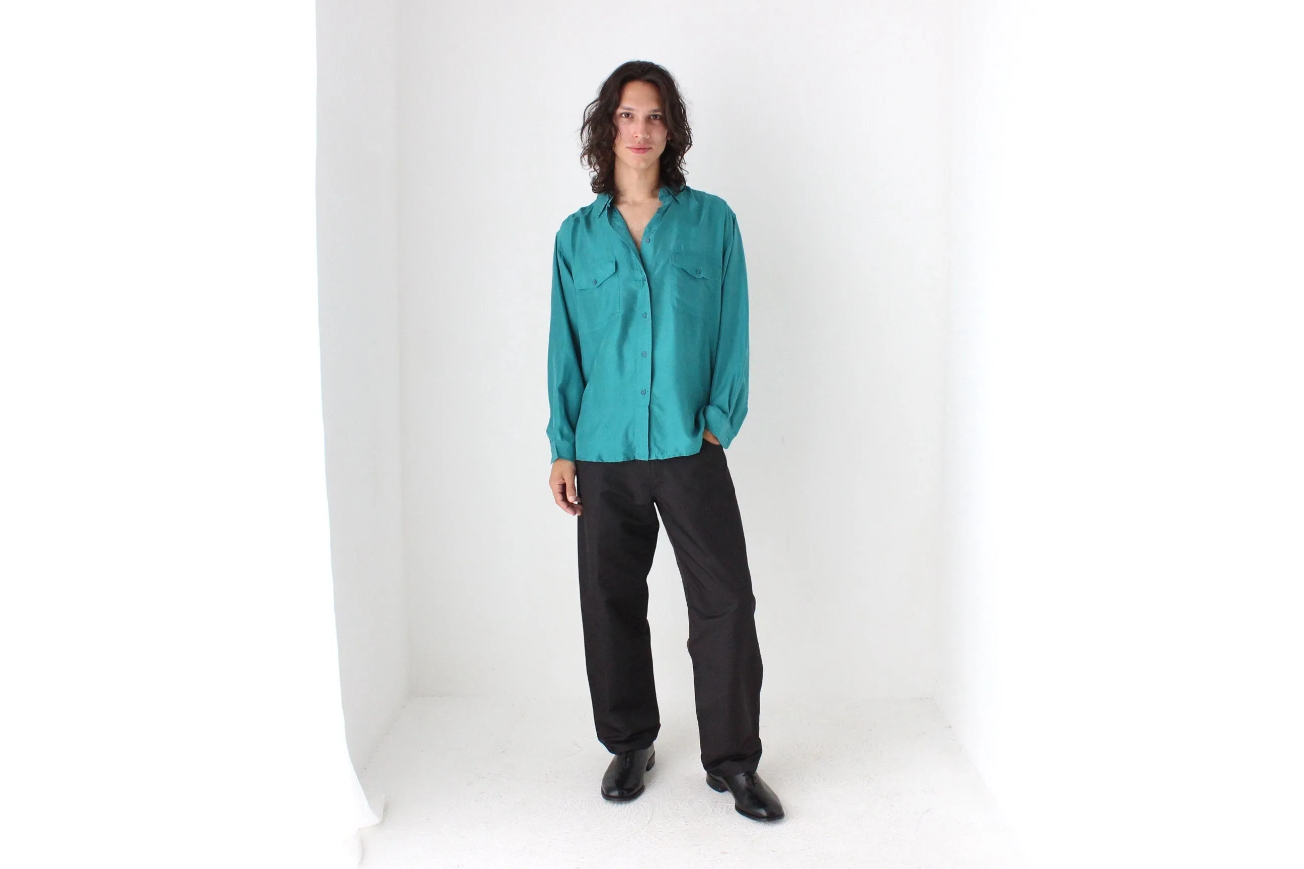 80s PURE SILK Double Pocket Long Sleeve Shirt in Turquoise
