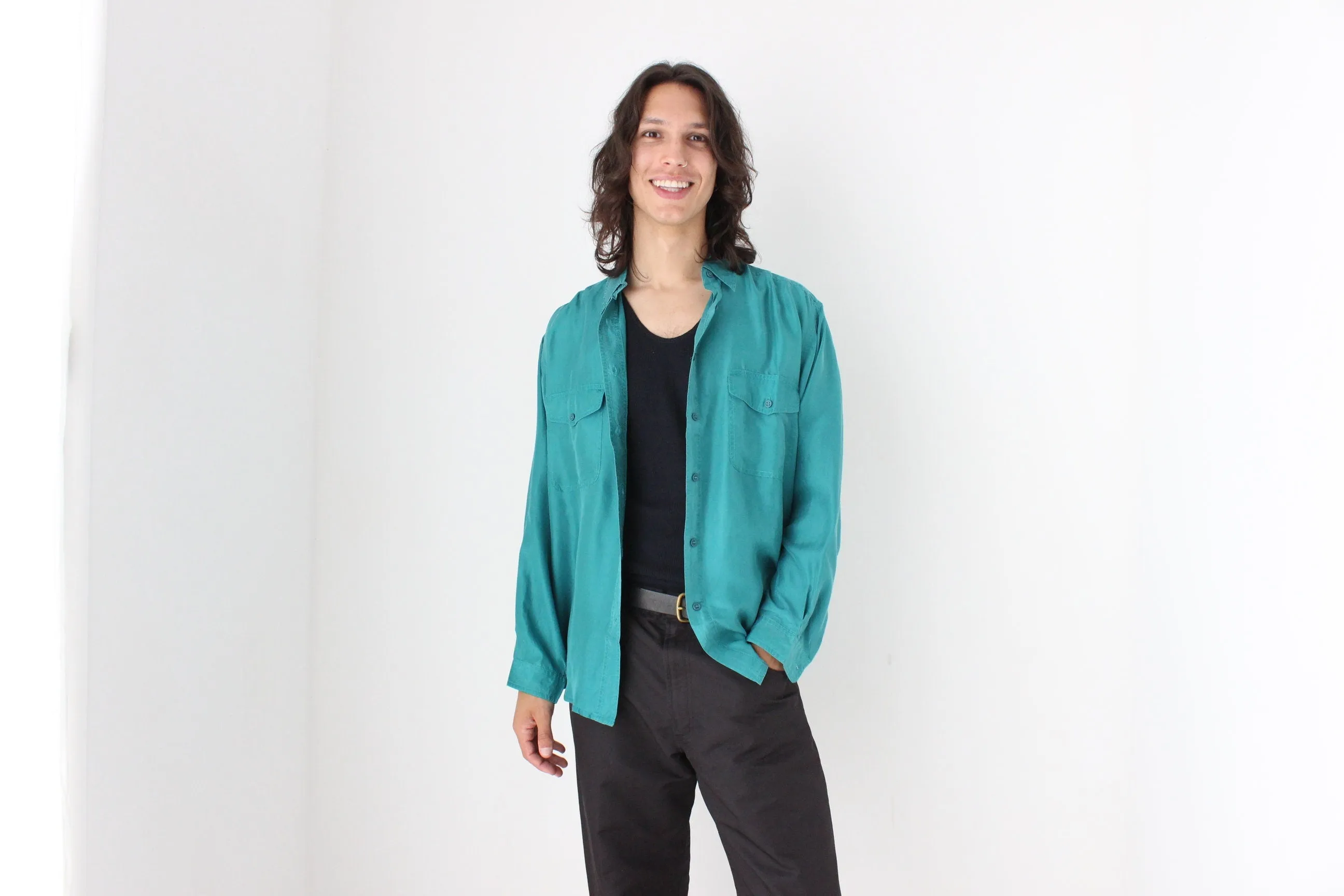 80s PURE SILK Double Pocket Long Sleeve Shirt in Turquoise