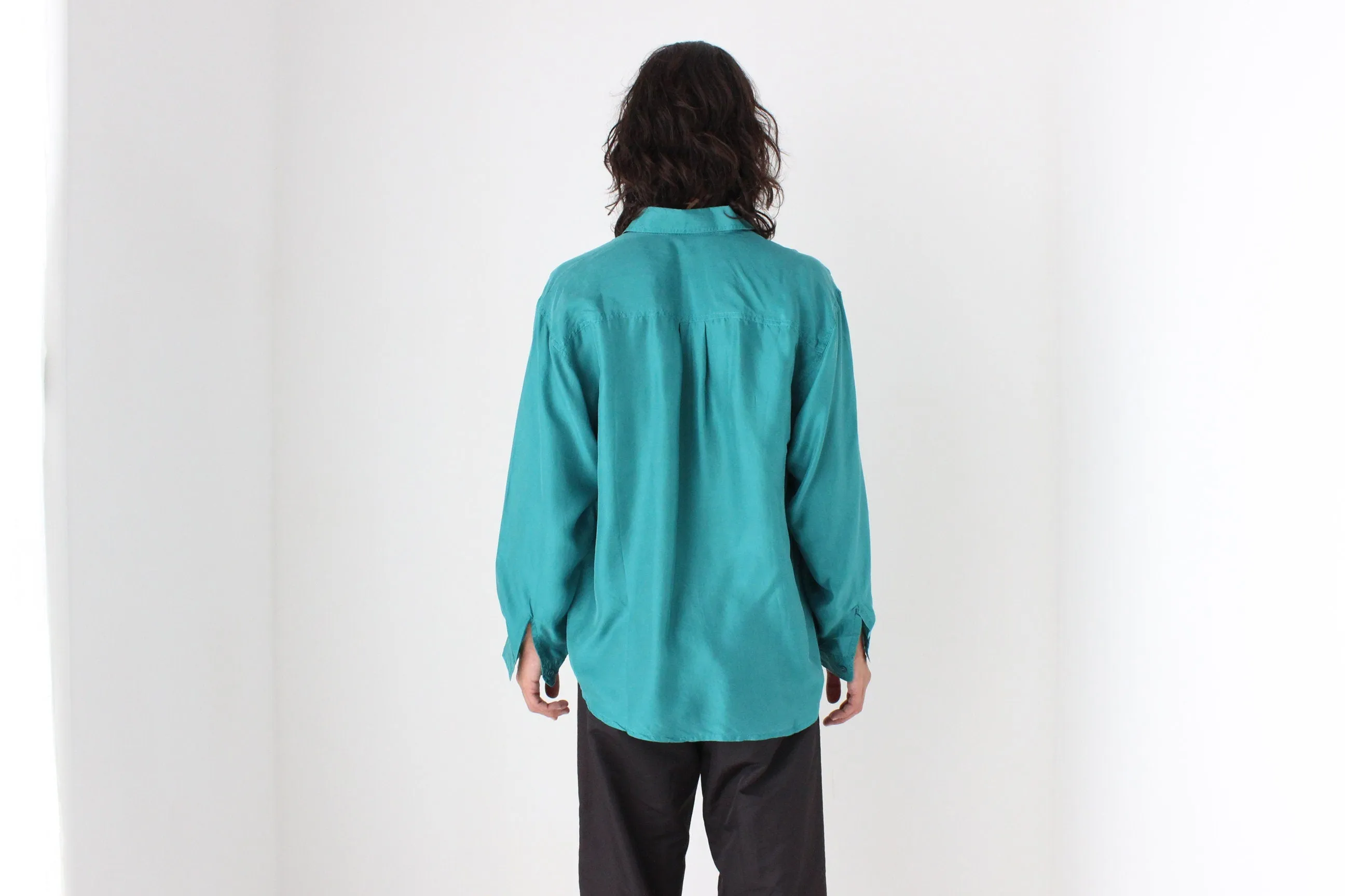 80s PURE SILK Double Pocket Long Sleeve Shirt in Turquoise