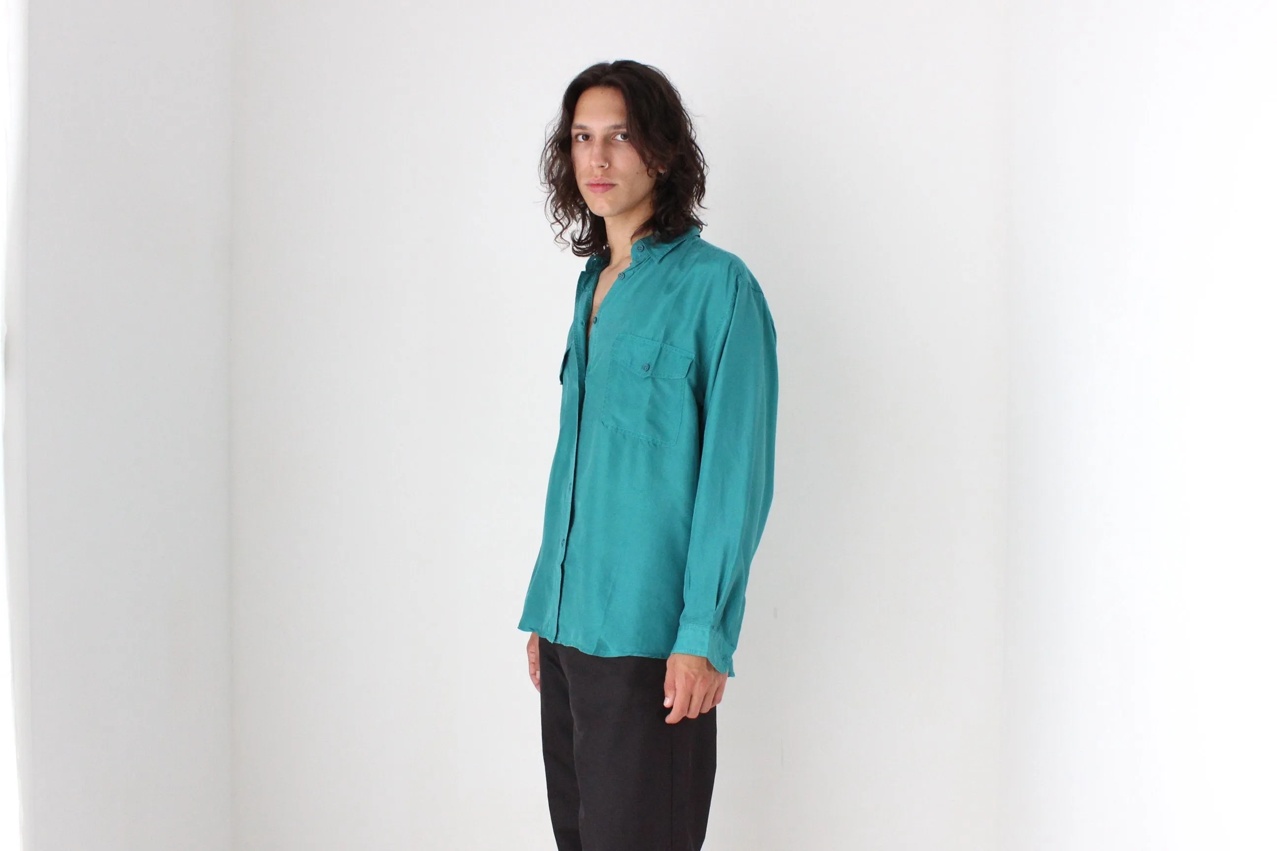 80s PURE SILK Double Pocket Long Sleeve Shirt in Turquoise