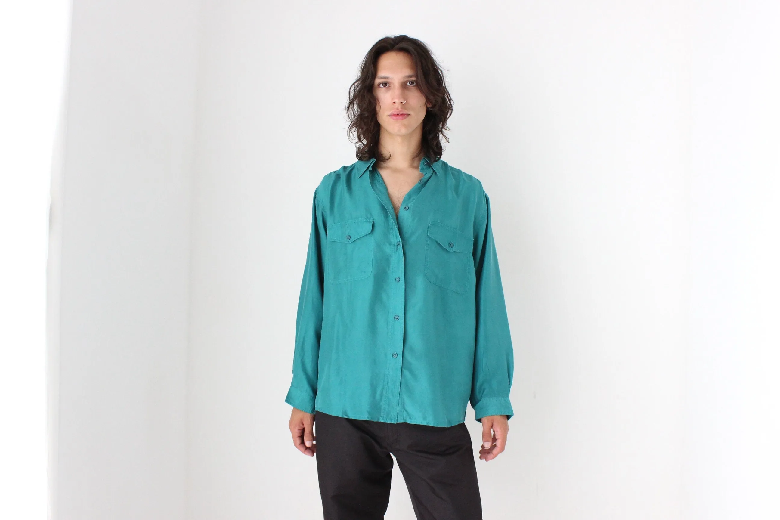 80s PURE SILK Double Pocket Long Sleeve Shirt in Turquoise