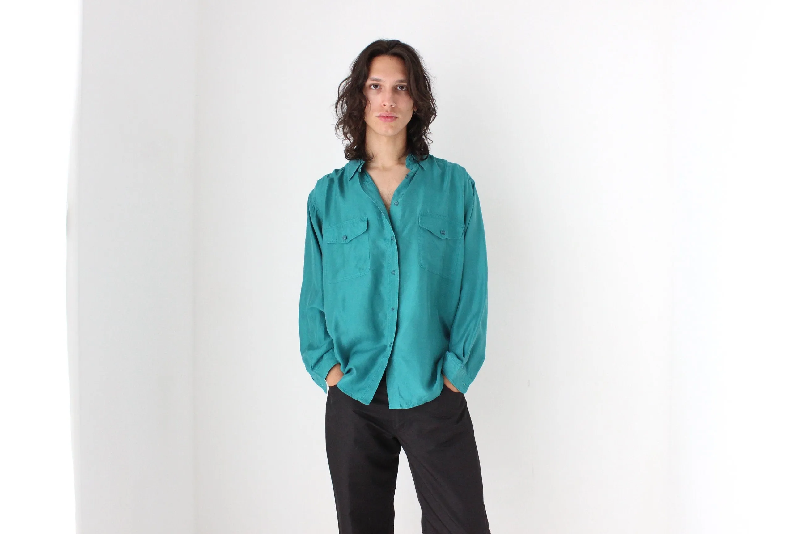 80s PURE SILK Double Pocket Long Sleeve Shirt in Turquoise