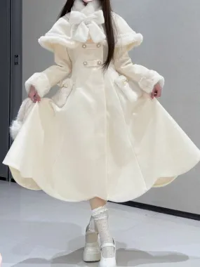 Apricot Cape Scalloped Edge Trim Lolita Coat with Plush Bowknot Scarf