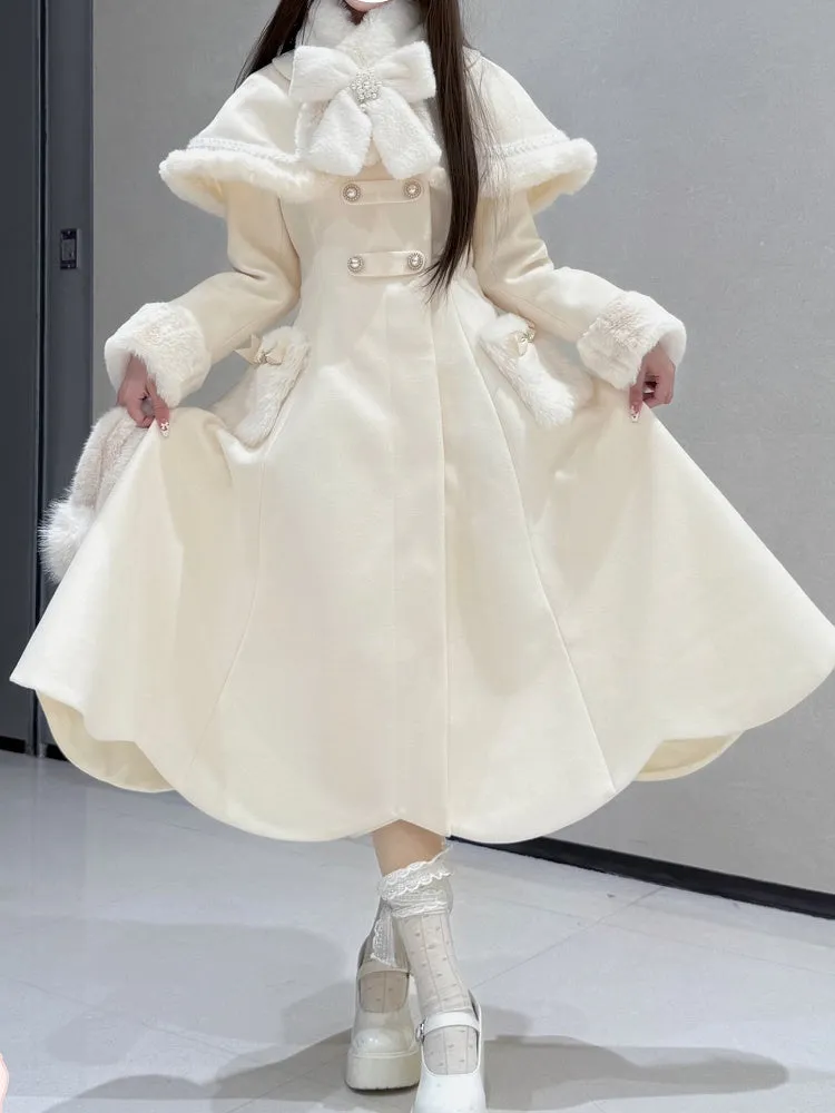 Apricot Cape Scalloped Edge Trim Lolita Coat with Plush Bowknot Scarf