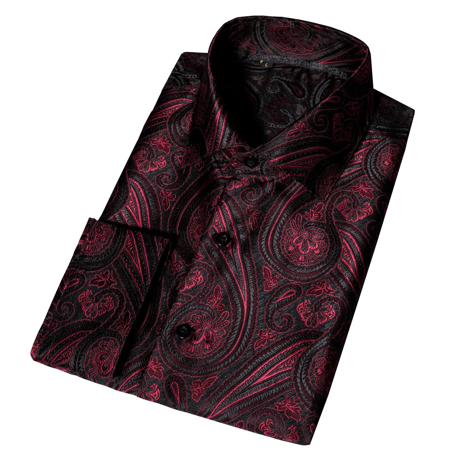 Barry Wang Button Down Shirt Red Black Jacquard Paisley Men's Shirt