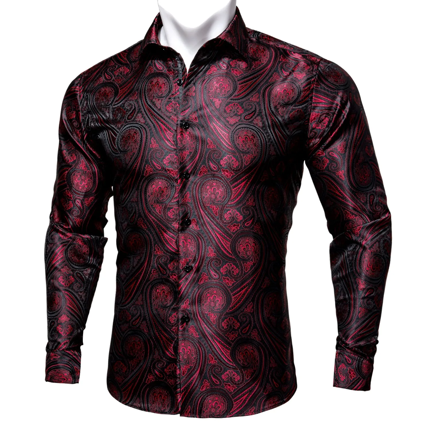 Barry Wang Button Down Shirt Red Black Jacquard Paisley Men's Shirt