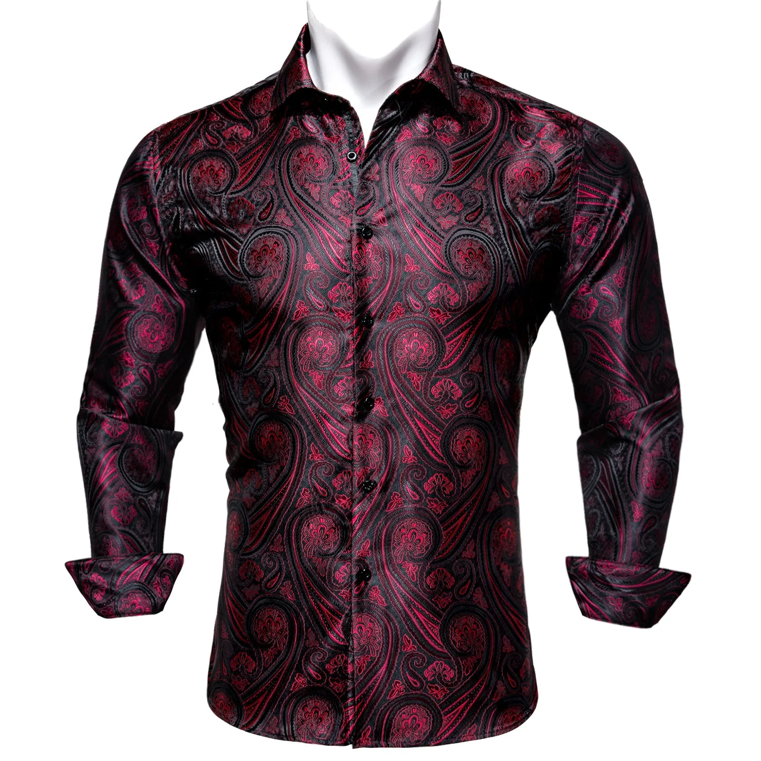Barry Wang Button Down Shirt Red Black Jacquard Paisley Men's Shirt