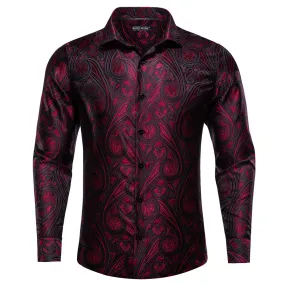 Barry Wang Button Down Shirt Red Black Jacquard Paisley Men's Shirt