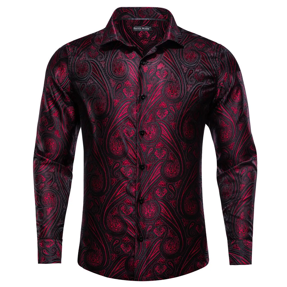 Barry Wang Button Down Shirt Red Black Jacquard Paisley Men's Shirt