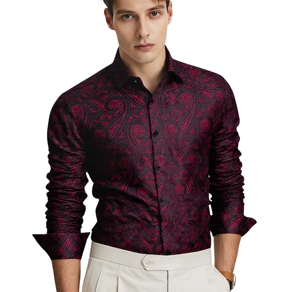 Barry Wang Button Down Shirt Red Black Jacquard Paisley Men's Shirt