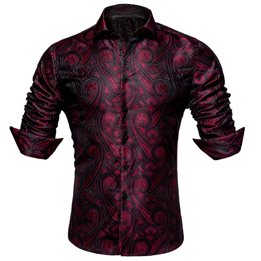 Barry Wang Button Down Shirt Red Black Jacquard Paisley Men's Shirt