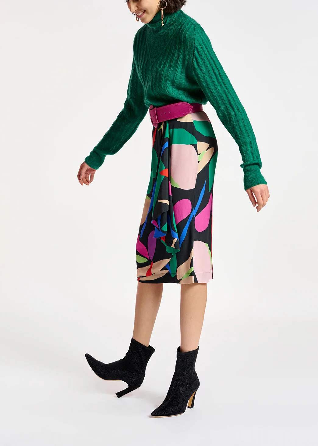 Black graphic printed midi skirt