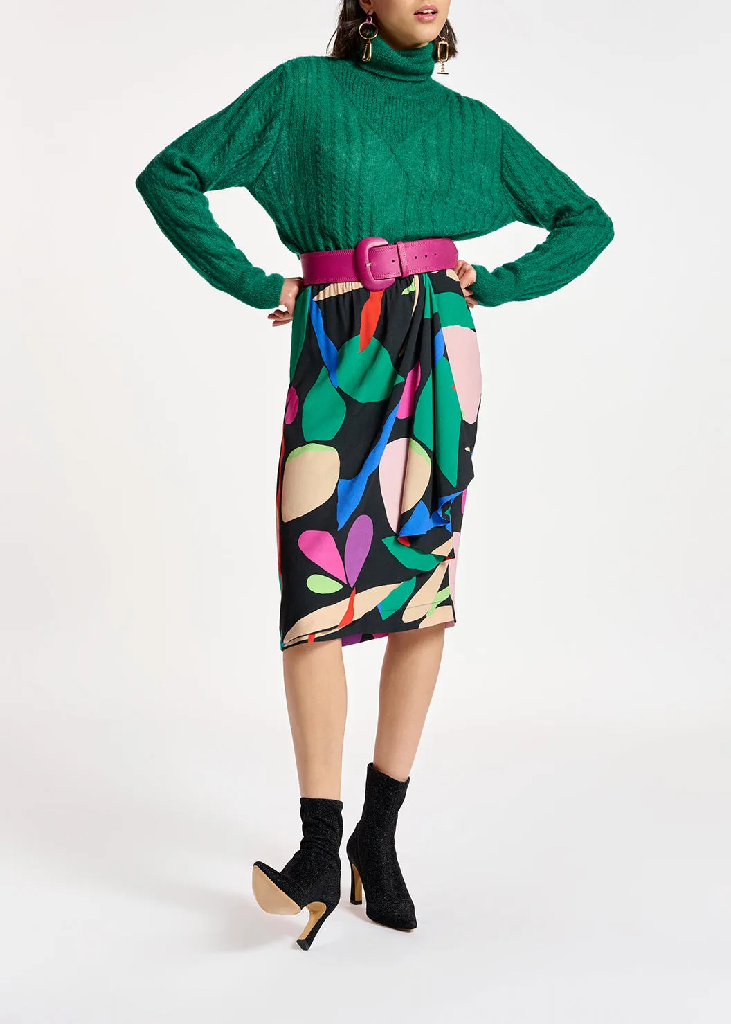 Black graphic printed midi skirt