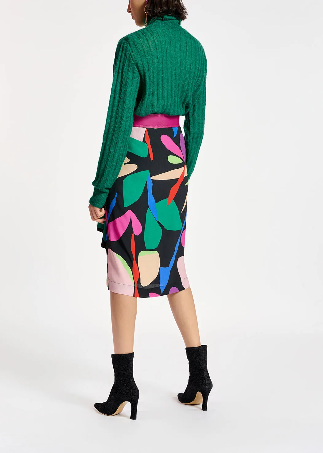 Black graphic printed midi skirt