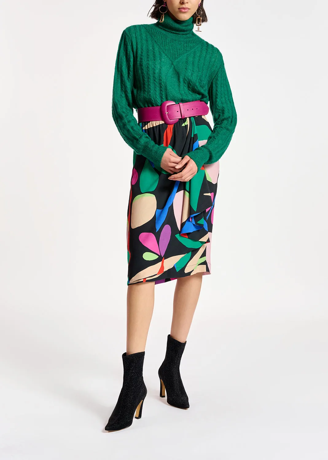 Black graphic printed midi skirt