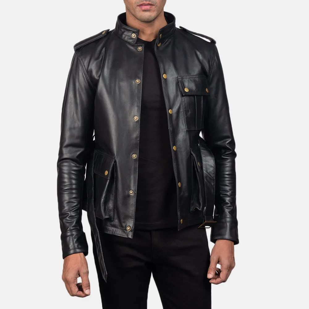 Black Leather Jacket Belted for Men