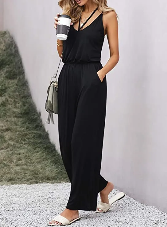 Blue Women's Casual Sleeveless Front Button Loose Jumpsuits Stretchy Long Pants Romper with Pockets - Happy Sailed