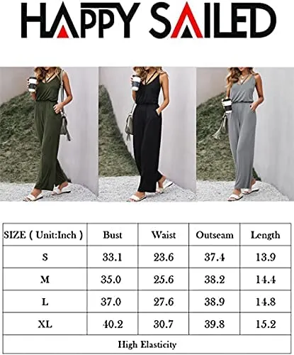 Blue Women's Casual Sleeveless Front Button Loose Jumpsuits Stretchy Long Pants Romper with Pockets - Happy Sailed
