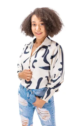 Button-Down Beige & Black Abastract Print Shirt