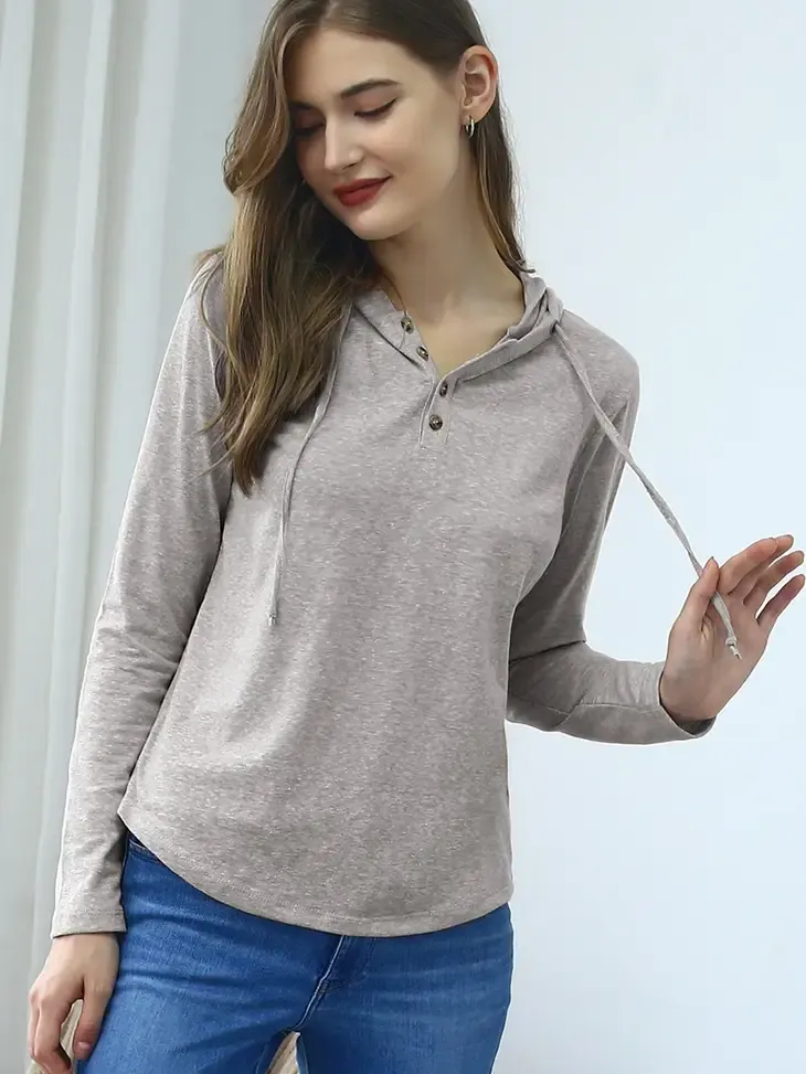 Button Down Henley Light Weight Hoodie Top | Light Grey