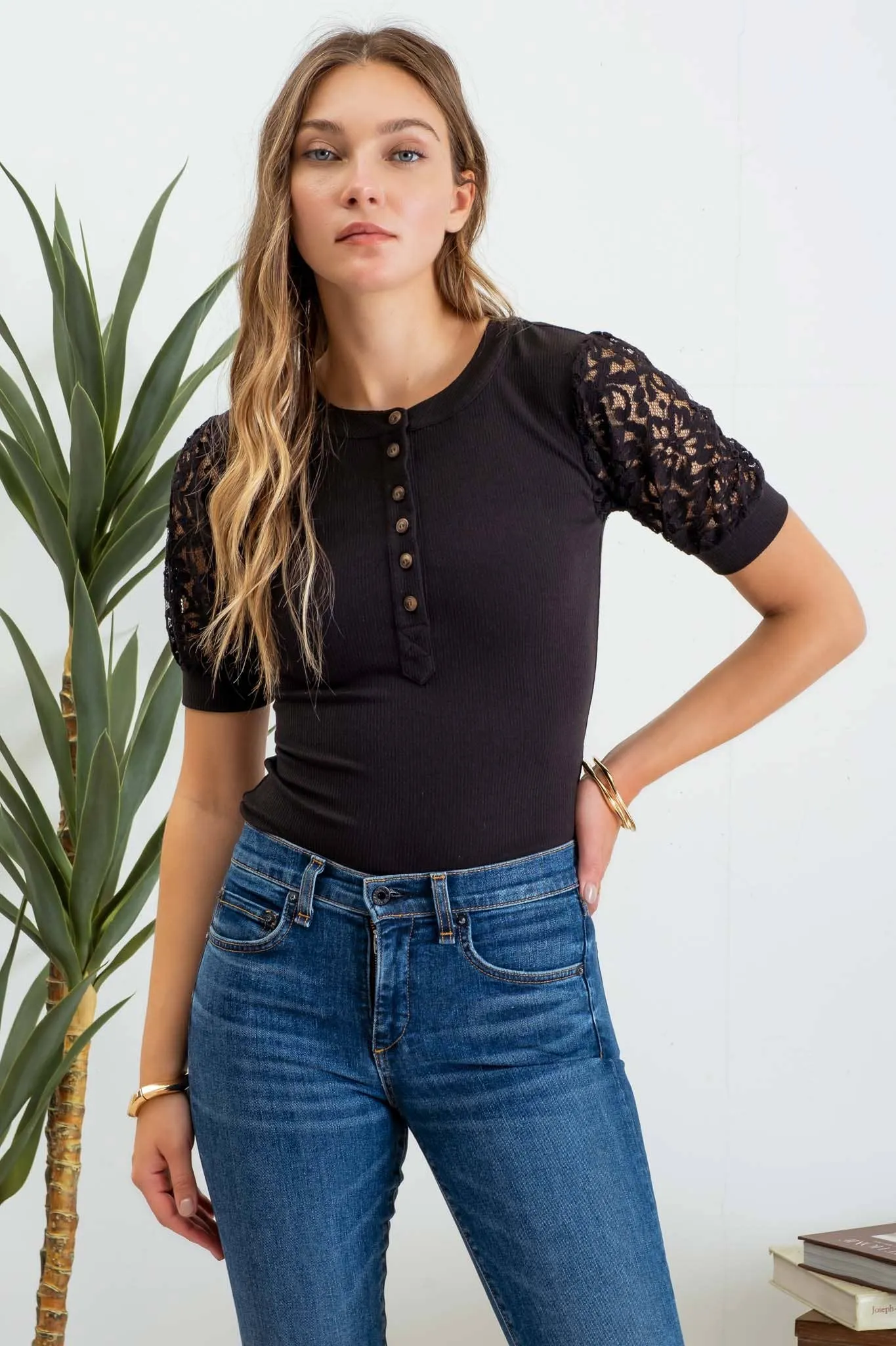 Button Lace Puff Sleeve Knit Top