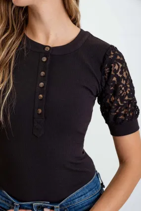 Button Lace Puff Sleeve Knit Top