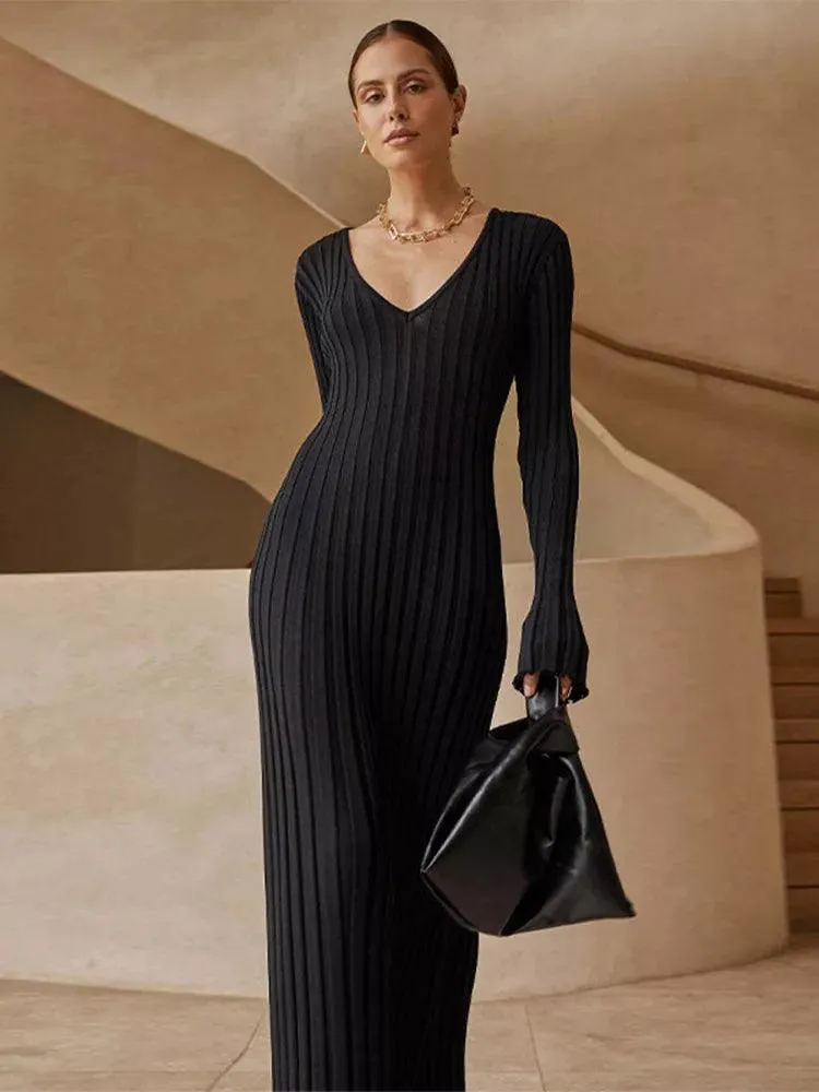 Casual V-neck Women Knitted Maxi Dress