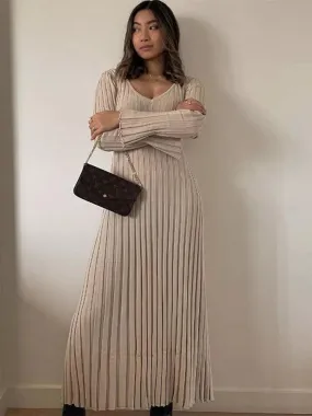 Casual V-neck Women Knitted Maxi Dress
