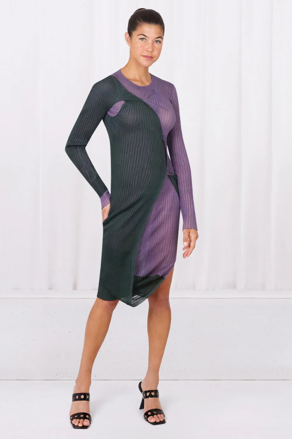 CONTRAST RIB KNIT DRESS | GREEN/MAUVE