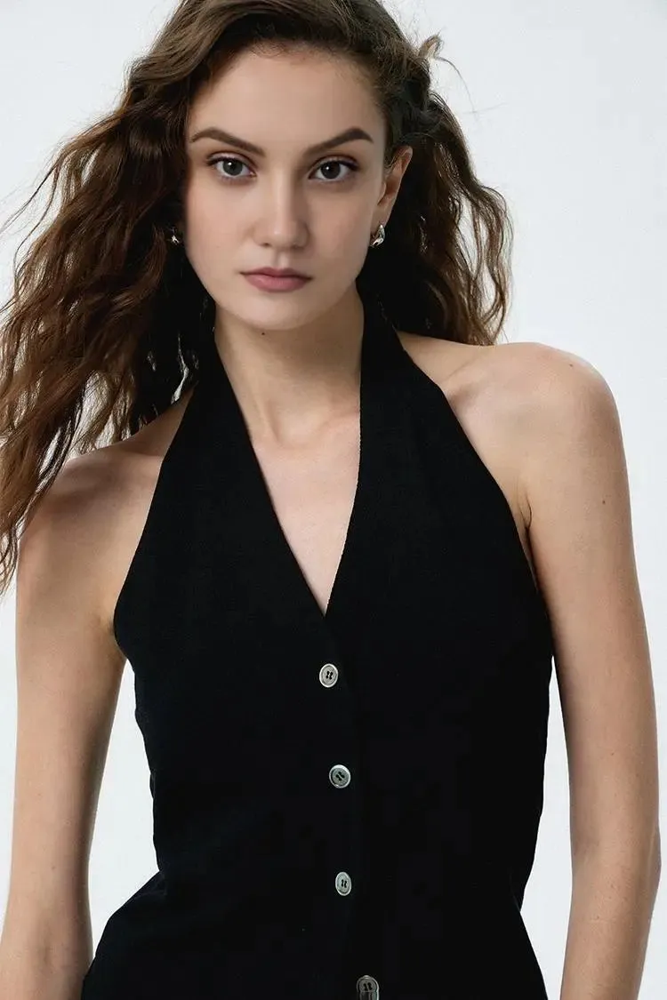 Cotton Acetate Blend Backless Halter Top