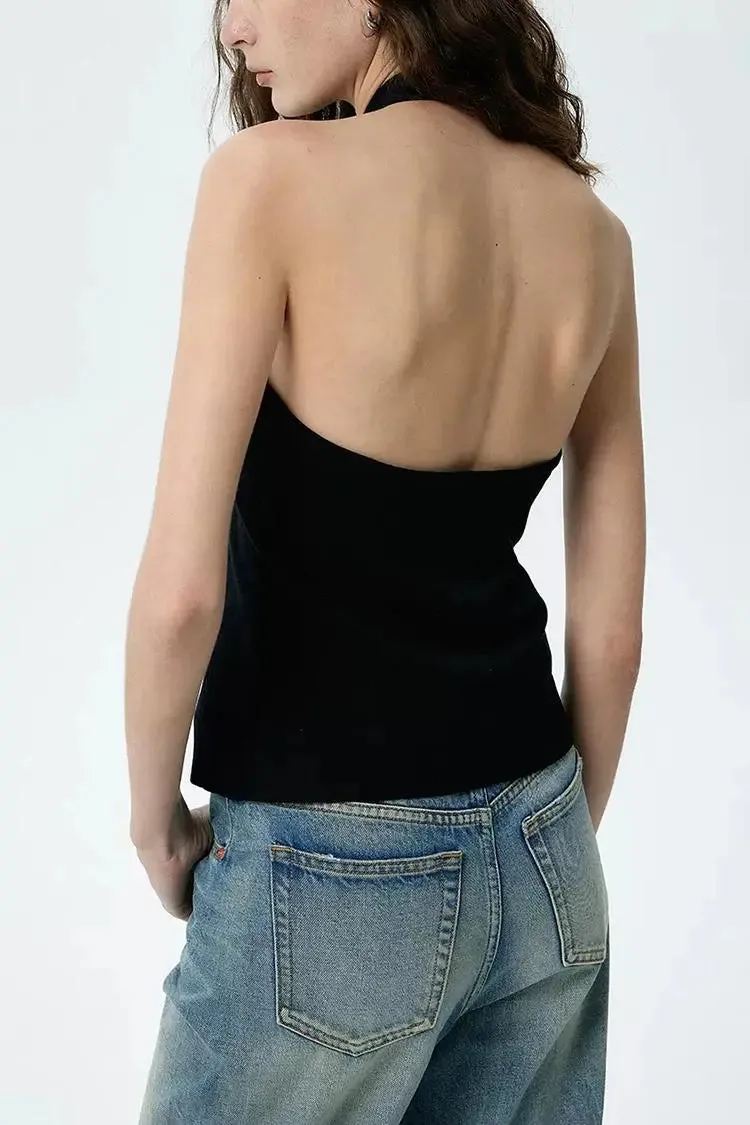 Cotton Acetate Blend Backless Halter Top