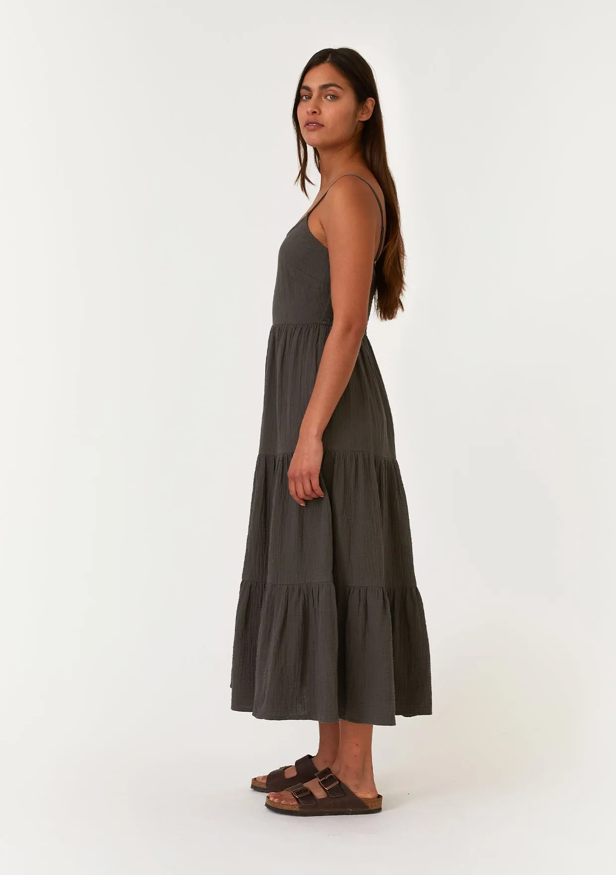 Cotton Scoop Neck Sleeveless Tiered Midi Dress