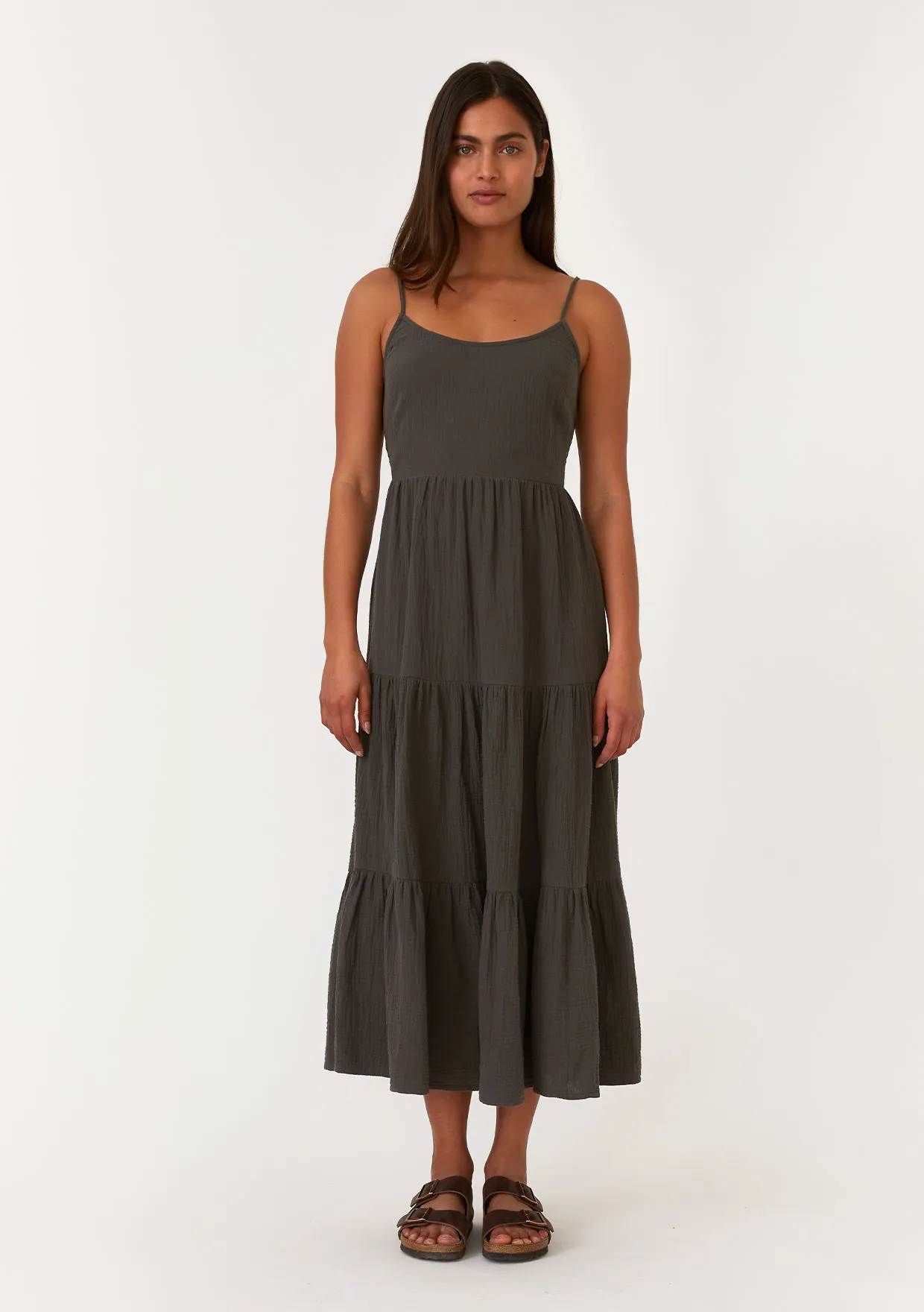 Cotton Scoop Neck Sleeveless Tiered Midi Dress