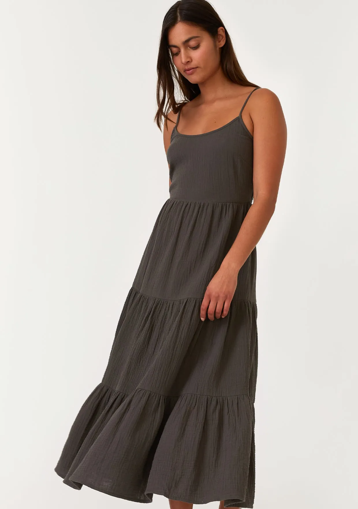 Cotton Scoop Neck Sleeveless Tiered Midi Dress