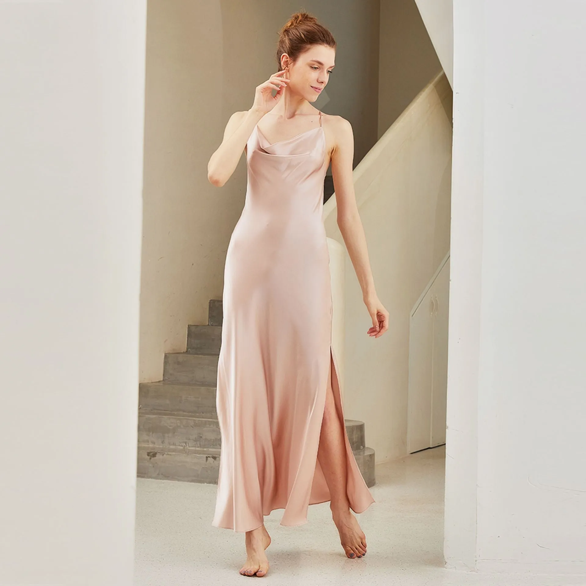 Cowl Neck Open Back Silk slip Dress Max Luxury bridesmaid nightgown