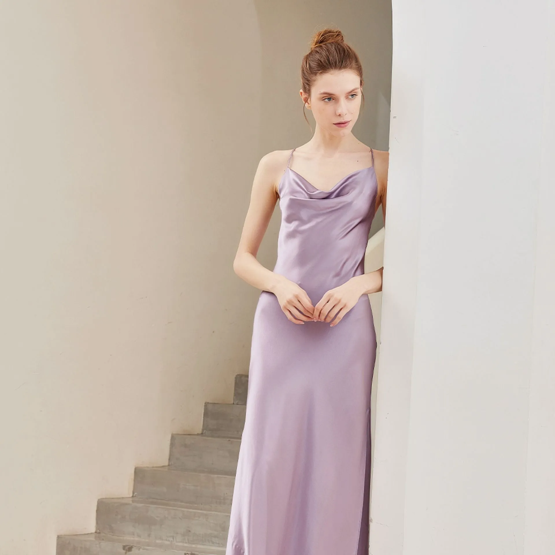 Cowl Neck Open Back Silk slip Dress Max Luxury bridesmaid nightgown