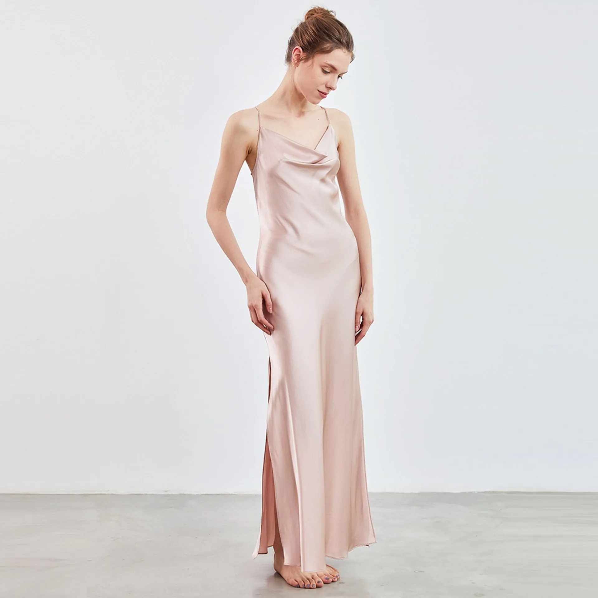 Cowl Neck Open Back Silk slip Dress Max Luxury bridesmaid nightgown
