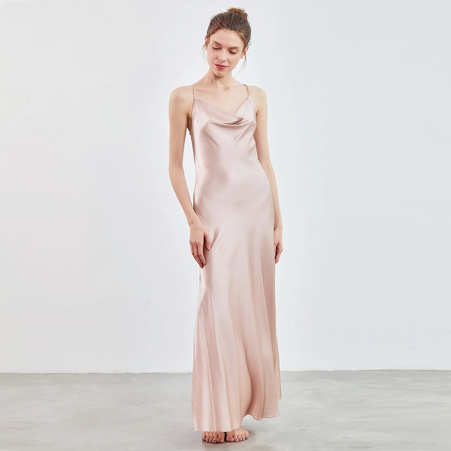 Cowl Neck Open Back Silk slip Dress Max Luxury bridesmaid nightgown