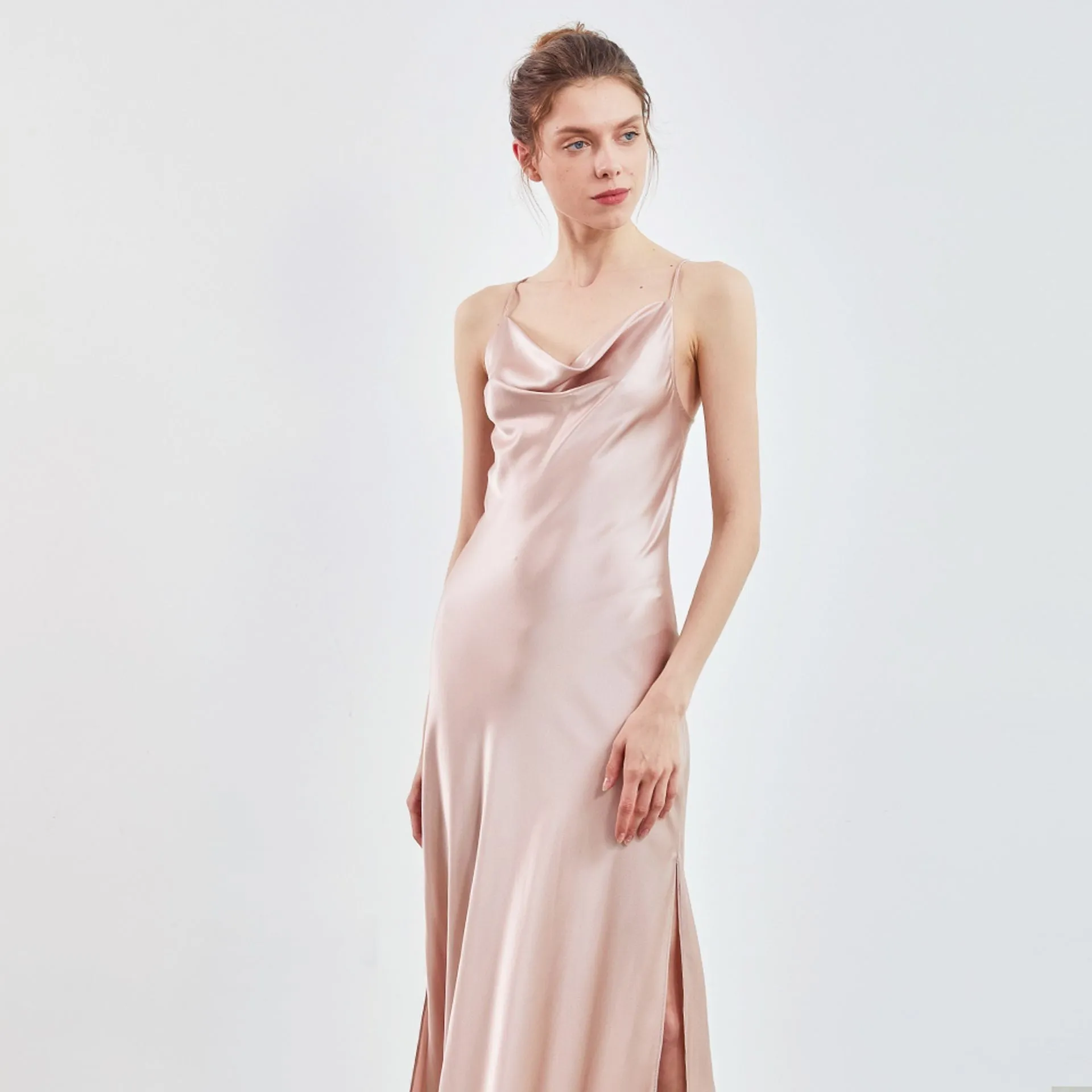 Cowl Neck Open Back Silk slip Dress Max Luxury bridesmaid nightgown