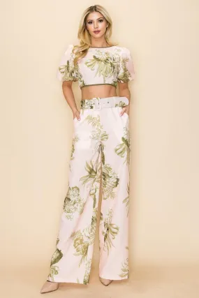 floral wide leg belted pants